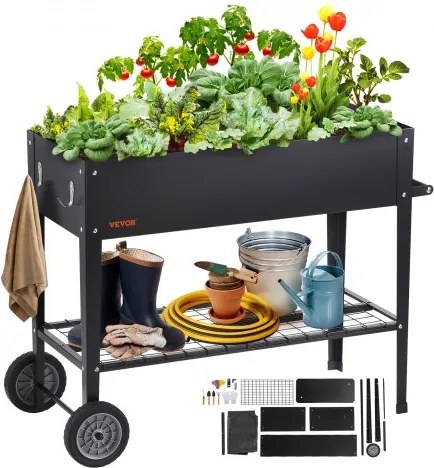 VEVOR Verhoogd tuinbed op wielen, plantenbak, bloembak, tuinplantenbak, moestuinbed voor op het terras, tuinbed, plantenbak, zwart, 110x49,5x80cm, gegalvaniseerd staal, ideaal voor het kweken van groenten, fruit en kruiden.