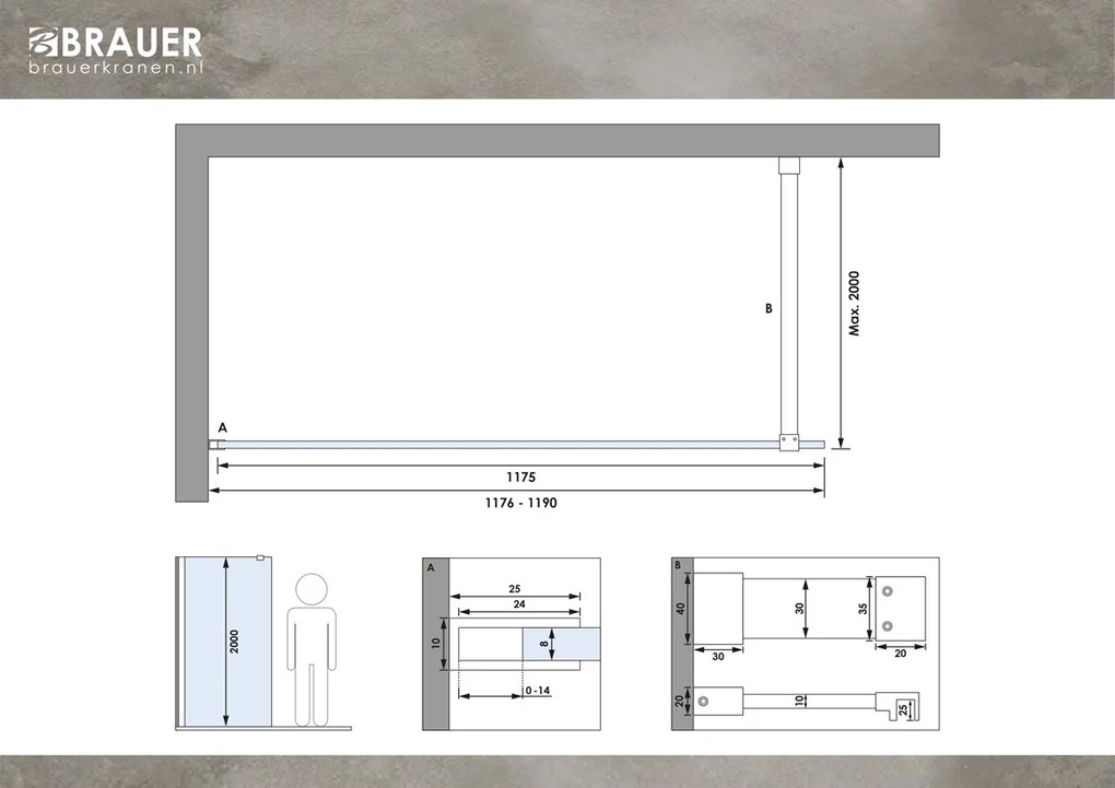 Brauer Copper Season inloopdouche helder glas 120x200 met muurprofiel koper geborsteld