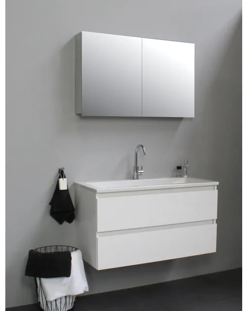 Basic Line Bella Badkamermeubelset - 100x55x46cm - 1 wasbak - Acryl - Wit - 1 kraangat - Spiegelkast zonder verlichting - Melamine Wit hoogglans SWGA100HWA1SPK