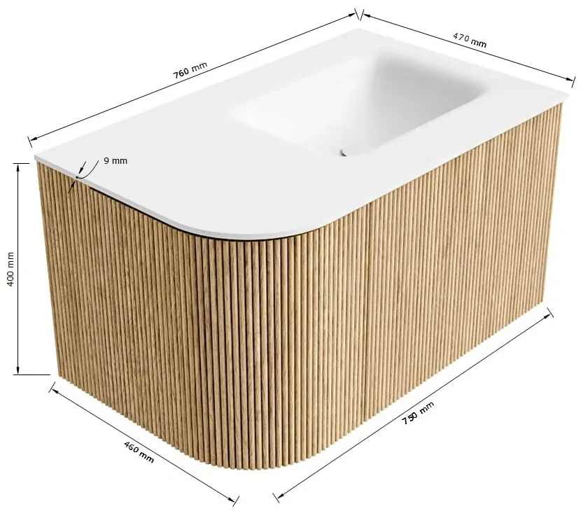 Mondiaz Kurve 75cm badmeubel ronding links oak met 1 lade en deur en wastafel grunne rechts zonder kraangat urban
