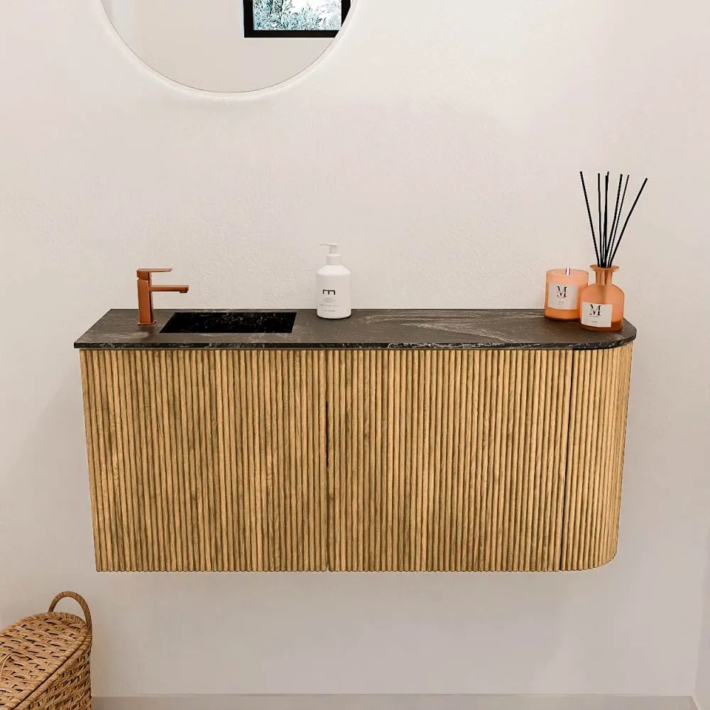 Mondiaz Joya DLux 90cm toiletmeubel ronding rechts oak met wastafel faye links 1 kraangat lava