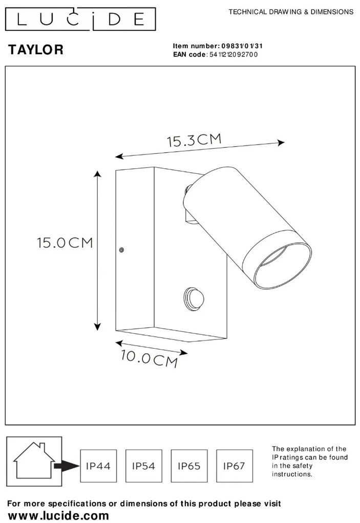 Lucide Taylor LED wandspot 50W 15x15cm wit