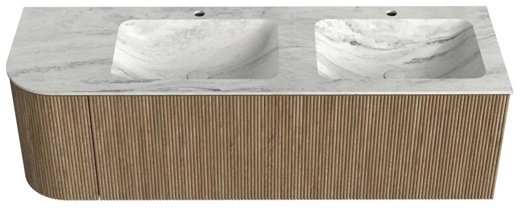 Mondiaz Kurve-dlux 145cm badmeubel ronding links dusk met 1 lade en deur en wastafel leaf dubbel/rechts 2 kraangaten opalo
