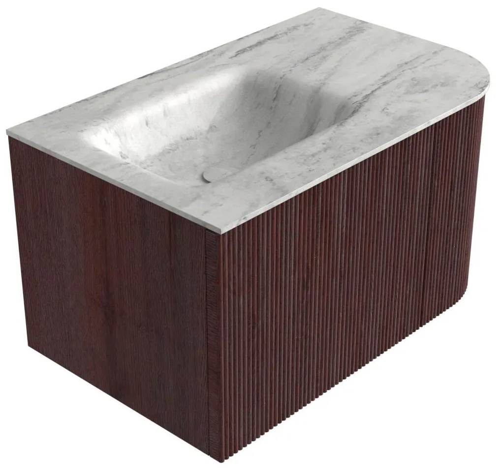 Mondiaz Kurve-dlux 75cm badmeubel ronding rechts ruby met 1 lade en deur en wastafel grunne links zonder kraangat opalo