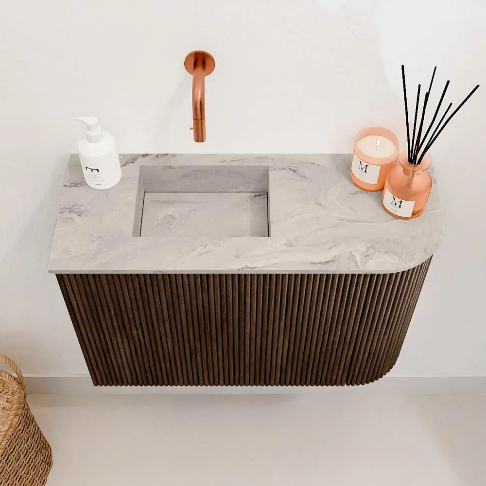 Mondiaz Joya DLux 60cm toiletmeubel ronding rechts walnut met wastafel faye links zonder kraangat glace