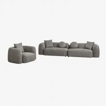 Woonkamer Set Met 2-delige Modulaire Bank En Fauteuil In Coco Chenille Granietgrijs Dik Chenilledoek - Sklum