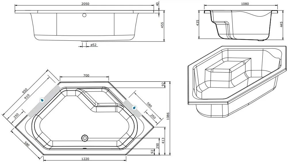 Lambini Designs Venetië Bubbelbad 145x145cm 6+4+2 hydro jets