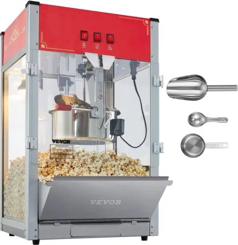 VEVOR Popcornmachine, 1440W Popcornmaker, ketel van 350 ml voor 80 kopjes per keer, tafelmodel popcornmachine met gehard glas, 3 roestvrijstalen schepjes, bioscoopstijl