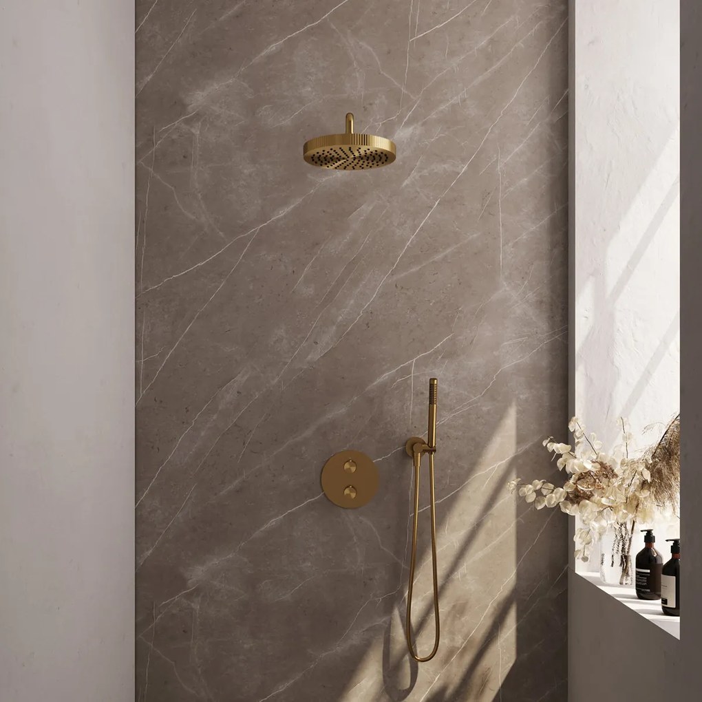 Brauer Stripe inbouw regendouche rond met 25cm hoofddouche, gebogen muurarm en staafhanddouche set 38 messing geborsteld PVD