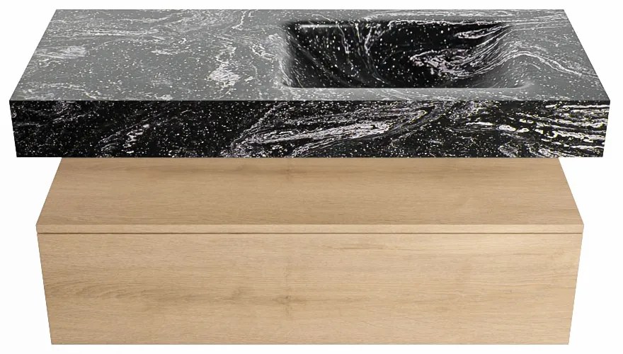 Mondiaz Alan DLux badmeubel 110cm washed oak 1 lade met wastafel lava rechts zonder kraangat