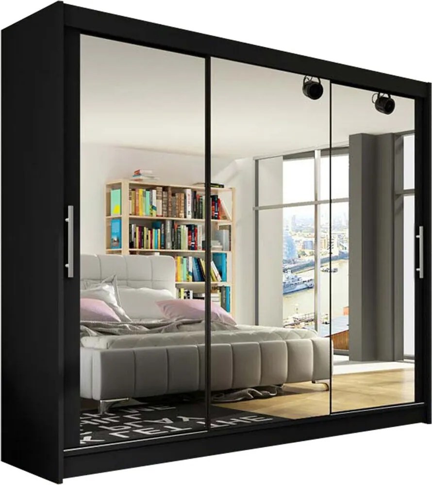 Kledingkast Closico 119, Zwart, 215x250x58cm, 225 kg, Kledingkast deuren: Schuivend, Aantal planken: 9, Aantal planken: 9