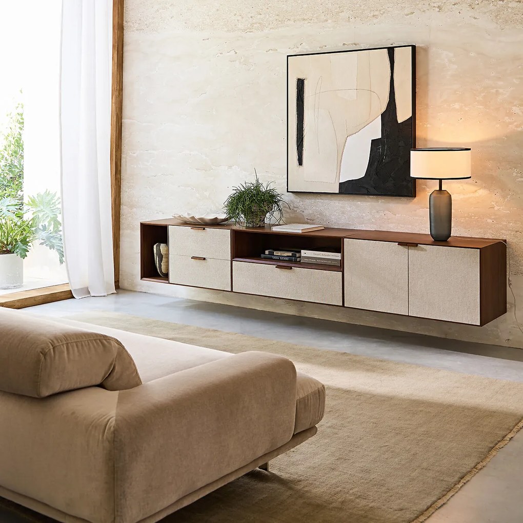 Kast met 1 nis en 2 lades, notenhoutfineer en stof, Aldon