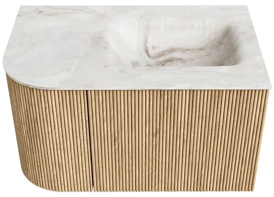 Mondiaz Kurve-dlux 75cm badmeubel ronding links oak met 1 lade en deur en wastafel grunne kraangat rechts frappe