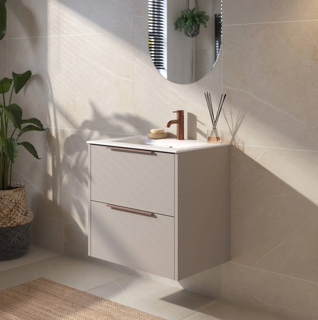 Saqu Lima badmeubel incl. keramische wastafel 60x46x61cm mat greige – koperen greep