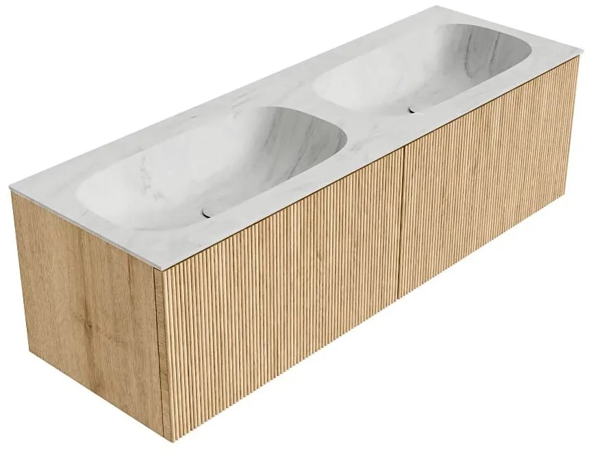 Mondiaz Kurve-dlux 140cm badmeubel oak met 2 lades en wastafel stor small dubbel 2 kraangaten opalo