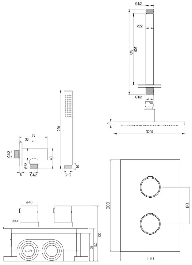 Brauer Black Edition complete inbouw regendouche met staafhanddouche, plafondarm en hoofddouche 20cm set 29 zwart mat