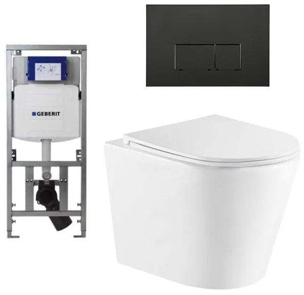 QeramiQ Dely Toiletset - 36.3x51.7cm - diepspoel - rimless - Geberit UP320 Burda inbouwreservoir - softclose toiletzitting - mat zwarte bedieningsplaat - rechtehoekige knoppen - wit mat SW543432/0701131/SW706193