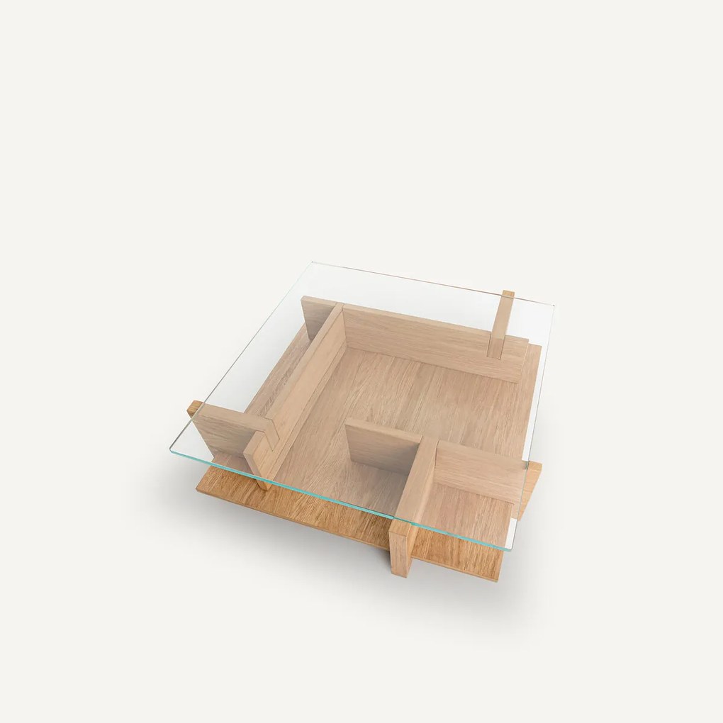Salontafel, zandkleurig eikenfineer, gehard glas, Laby
