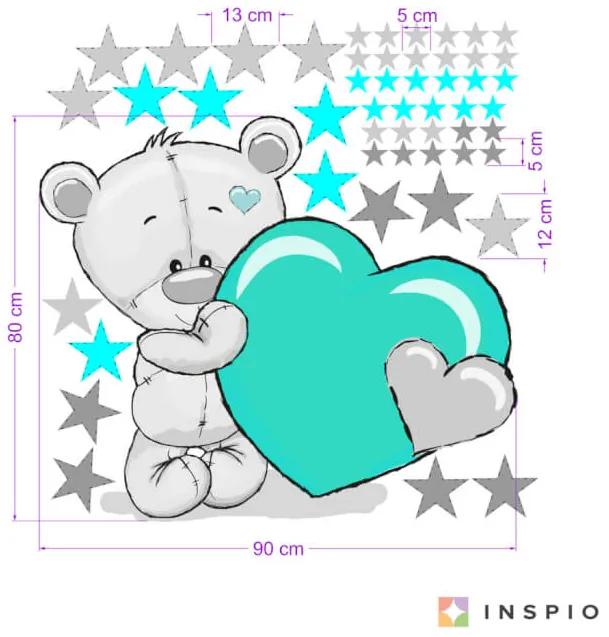INSPIO Muursticker met berenprint voor kinderen - Turquoise-grijs beertje met sterren en naam
