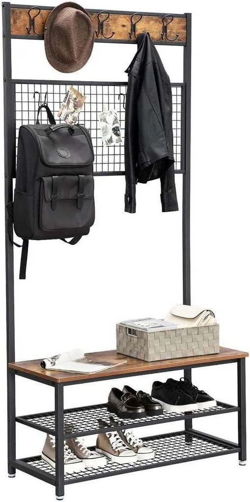 Nancy's Garderoberek met Kapstok - Schoenenrek - Industrieel - Rustiek Bruin - 92 x 41.5 x 187 cm