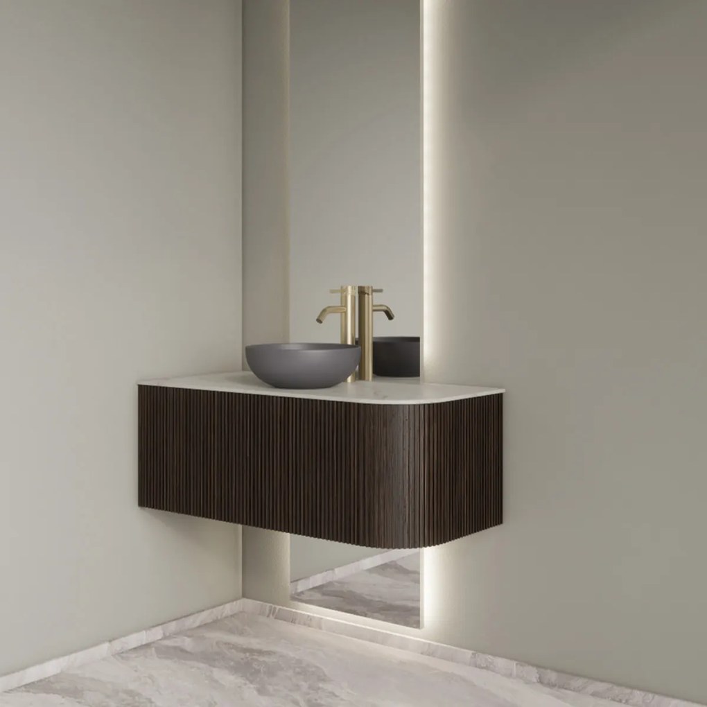 Gliss Design Alluro badmeubel ribbelfront met ronding rechts 100cm ebony en wit marmer toppaneel