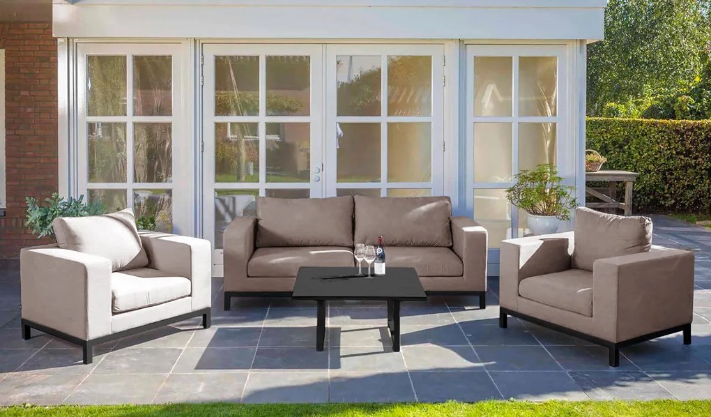 Flow. Square sofa set taupe chiné All Weather loungeset Beige Sunbrella loungeset Sofaset outdoor textiel - weerbestendig