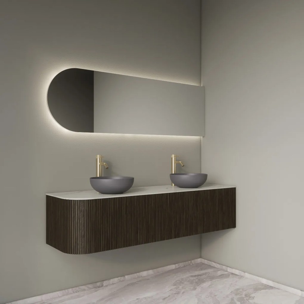 Gliss Design Alluro badmeubel ribbelfront met ronding links 160cm charcoal en wit marmer toppaneel