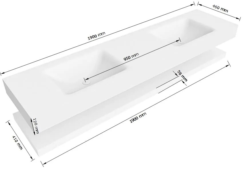Zaro Alan badmeubel 190cm met planchet urban en vrijhangende wastafel cloud dubbel 2 kraangaten urban