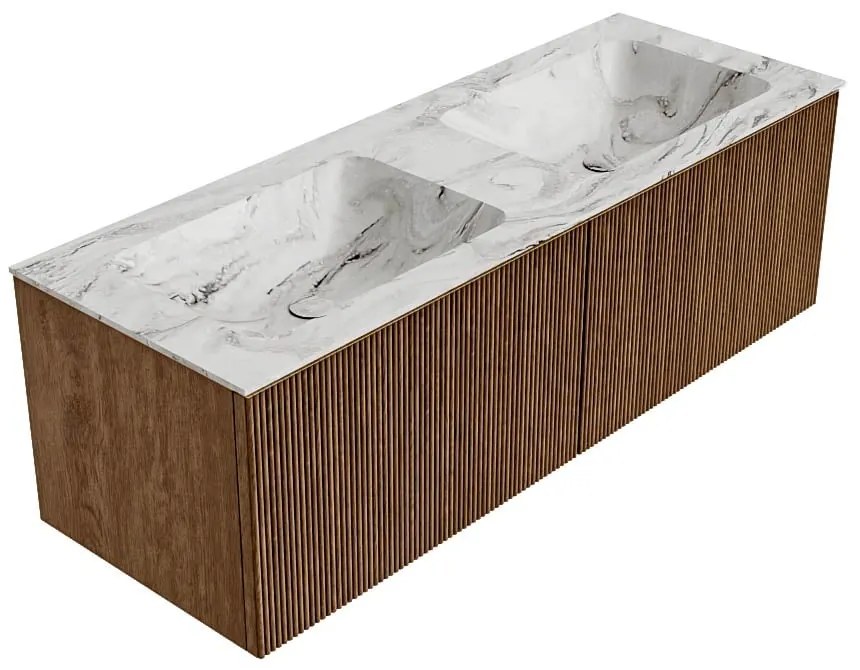 Mondiaz Kurve-dlux 130cm badmeubel walnut met 2 lades en wastafel leaf dubbel zonder kraangat glace