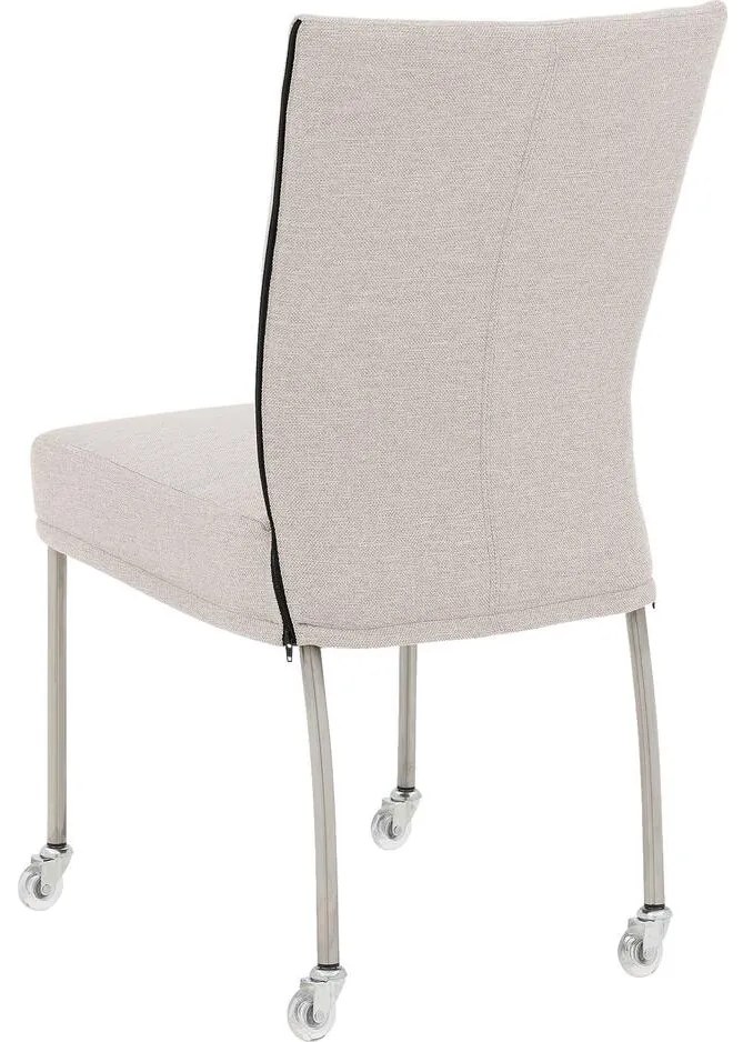 Goossens Eetkamerstoel Funk RVS Poten lichtgrijs stof leuning en Transparant skater wiel met rvs kapmet wielen, modern design