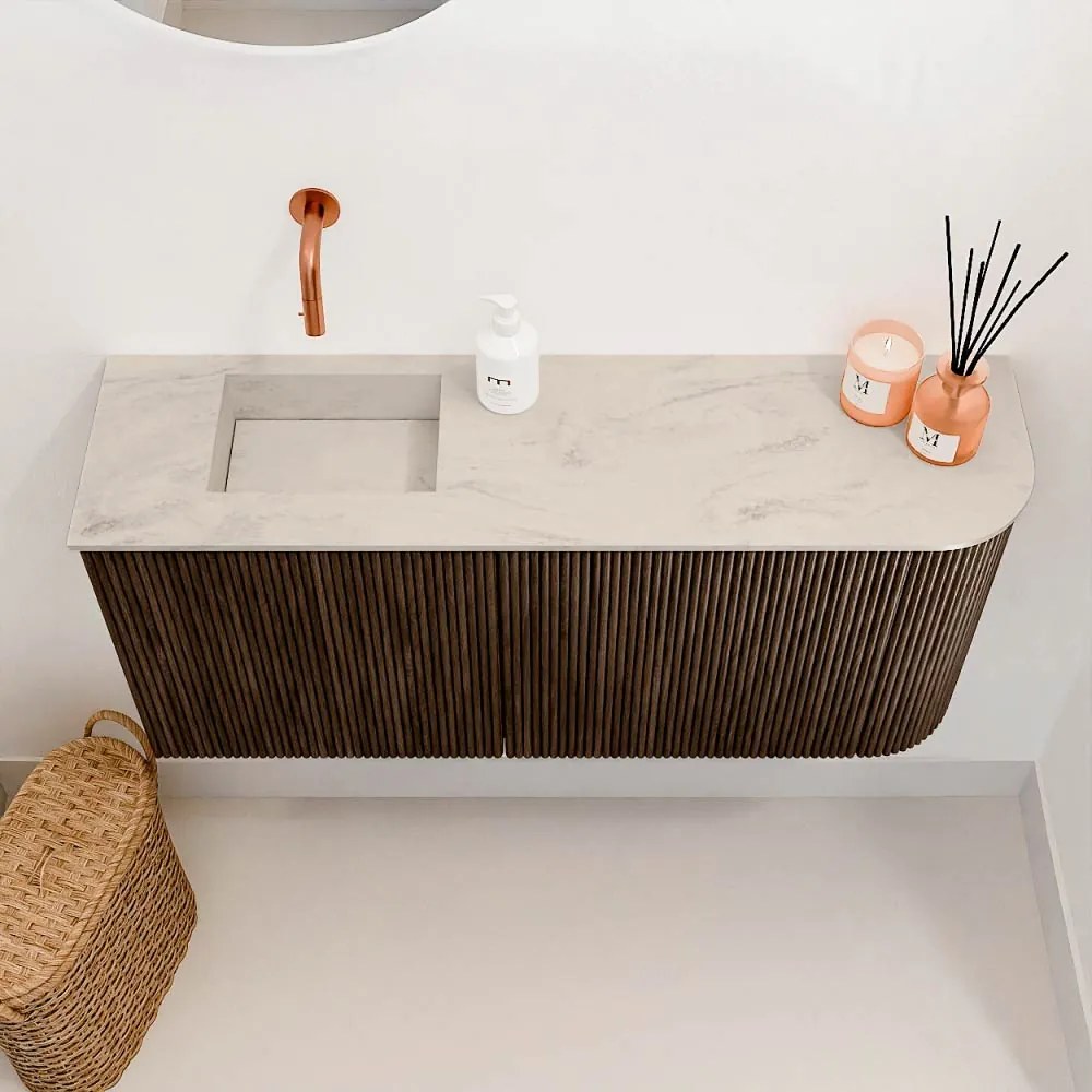 Mondiaz Joya DLux 90cm toiletmeubel ronding rechts walnut met wastafel faye links zonder kraangat opalo