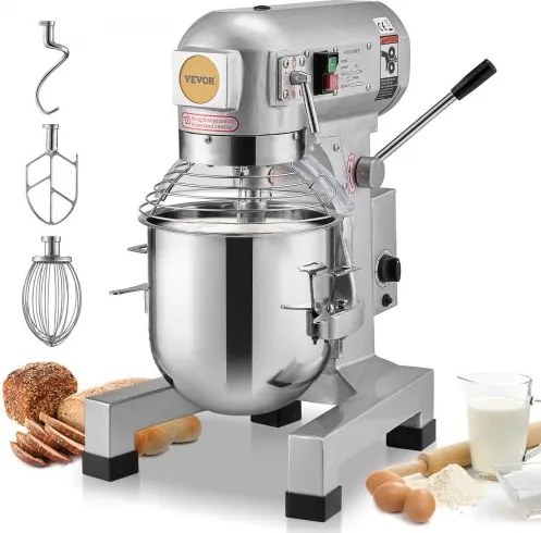 VEVOR Commerciële Keukenmixer, 10L Commerciële Standmixer met 3 Instelbare Snelheden, 550W Deegmixer met RVS Kom en 3 Menghulpstukken, Ideaal voor Restaurant, Bakkerij, Banketbakkerij, Café
