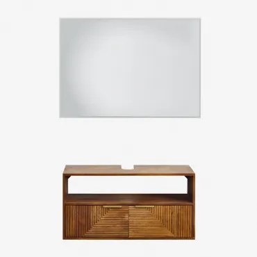 Baty Zwevend Badkamermeubelset Van Mangohout Donker Handvat Hout & Without Sink & Rechthoekige Led En Anticondens 100x70 Cm Riben & Zonder Kraan -