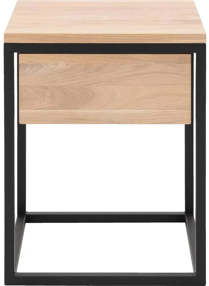 Goossens Nachtkastje Ord, Metaal ral 9005 zwart, met lade en bovenblad massief eik, 40 x 35 x 57 cm hoog