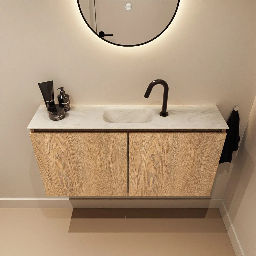 Mondiaz Ture DLux toiletmeubel 100cm washed oak met wastafel ostra midden met kraangat