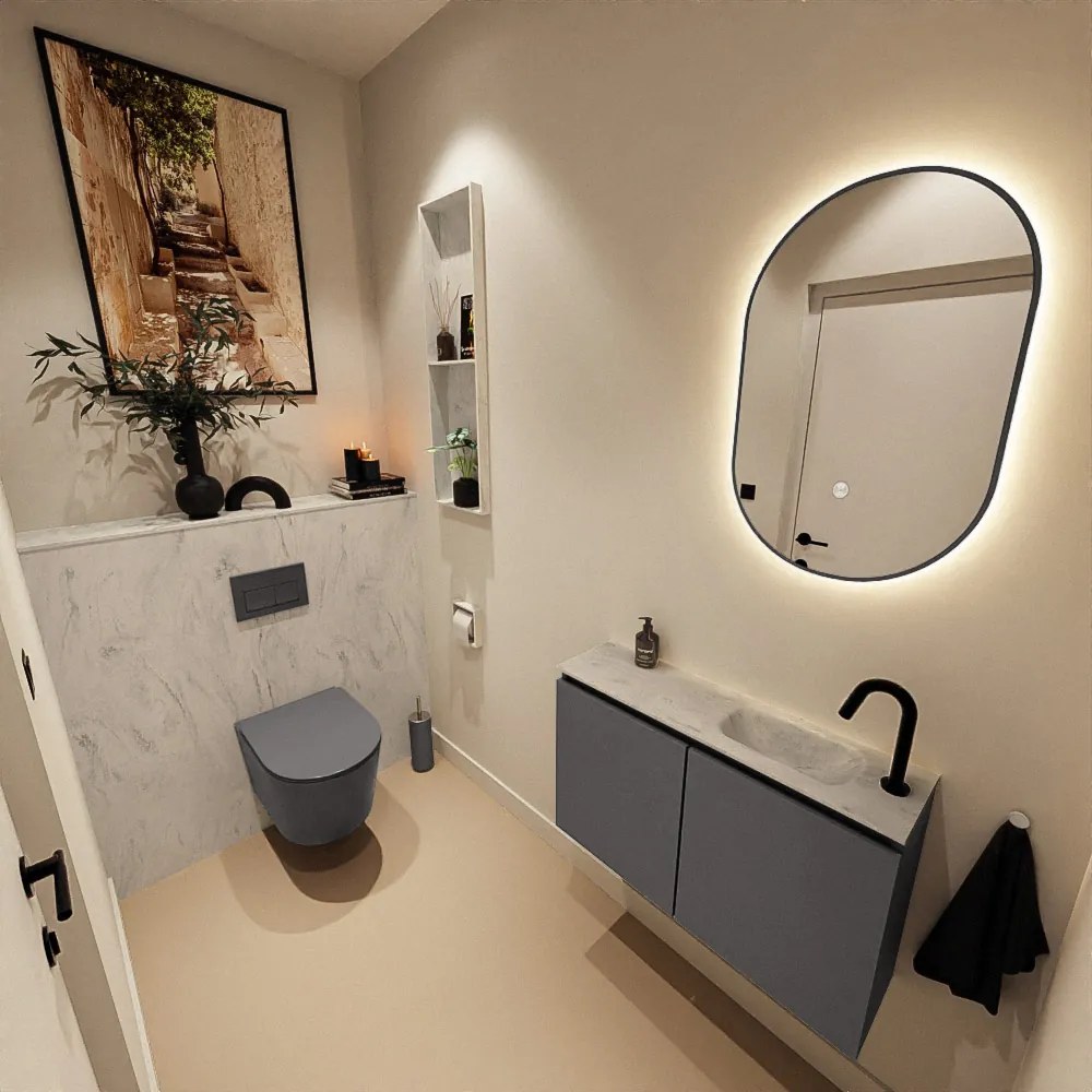 Mondiaz Ture DLux toiletmeubel 80cm dark grey met wastafel opalo rechts met kraangat