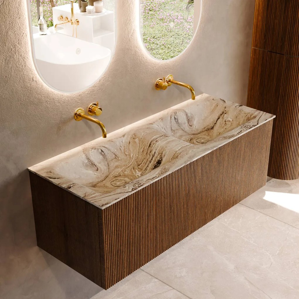 Mondiaz Kurve-dlux 120cm badmeubel dusk met 1 lade en wastafel leaf dubbel zonder kraangat glace