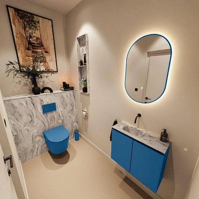 MONDIAZ TURE-DLUX 60cm toiletmeubel Jeans. EDEN wastafel Glace positie links. Zonder kraangat. TUREDX60JEAL0GLA