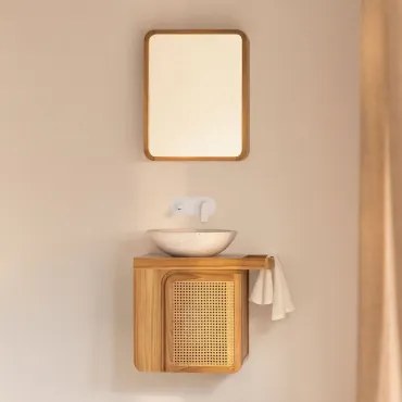 Georgy Zwevend Badkamermeubelset Van Teakhout Teakhout & Rond Cement Wit Ø40 Cm Zavion & Rechthoekig Met Afgeronde Hoeken En Opbergruimte 45x60 -