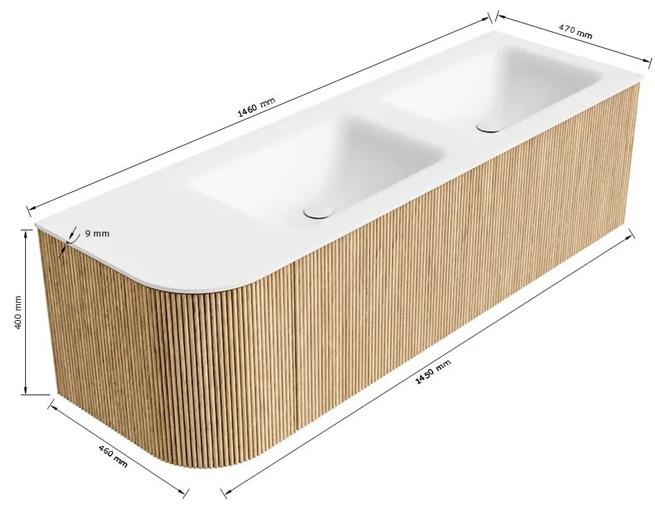 Mondiaz Kurve 145cm badmeubel ronding links walnut met 1 lade en deur en wastafel cloud dubbel/rechts 2 kraangaten urban