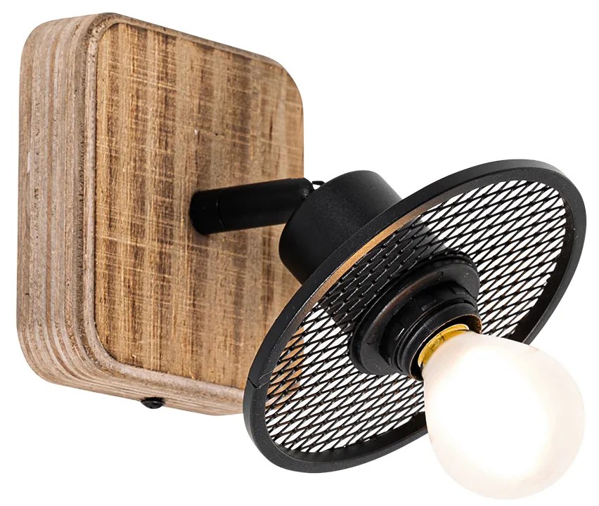 Industriële plafondSpot / Opbouwspot / Plafondspot zwart met hout - Jasmijn Industriele / Industrie / Industrial E14 vierkant Binnenverlichting Lamp