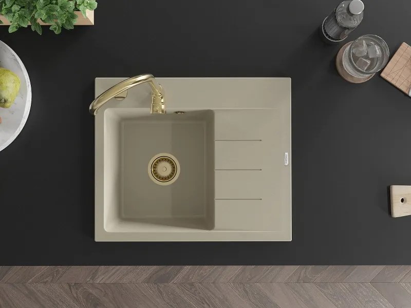Mexen Ben granitische spoelbak met 1 bak en afdruiprek, links, 600 x 500 mm, beige, gouden sifon - 6522605000-69-G