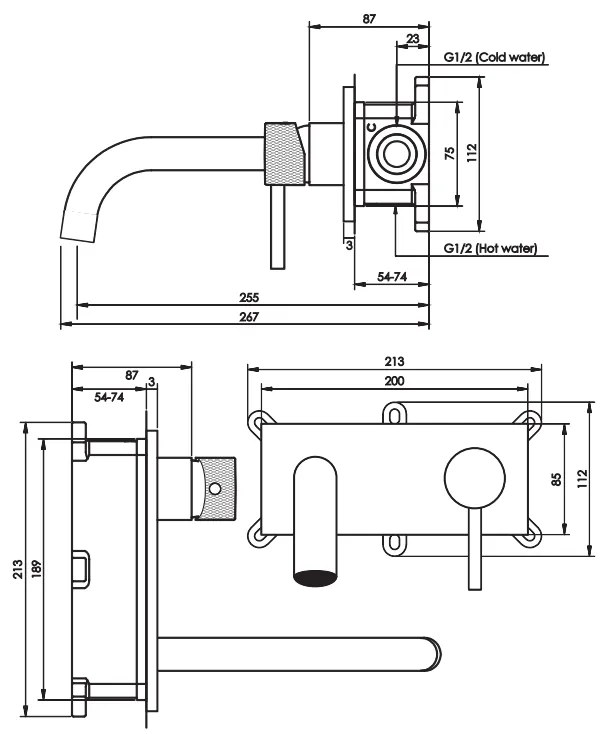 Brauer Gold Carving inbouw wastafelkraan plaat met gebogen uitloop, lange handgreep en ColdStart geborsteld messing PVD rechts