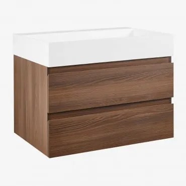 Ona Zwevend Badkamermeubelset Van Hout En Essenfineer Met Geïntegreerde Wastafel Donker Hout & Spiegelloze & Zonder Kraan & ↔︎ 80 Cm - Sklum