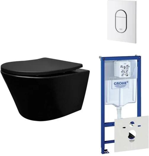 Wiesbaden Vesta toiletset Rimless 52cm mat zwart Grohe inbouwreservoir softclose en quickrelease toiletzitting met bedieningsplaat wit SW228315/0729205/0729242