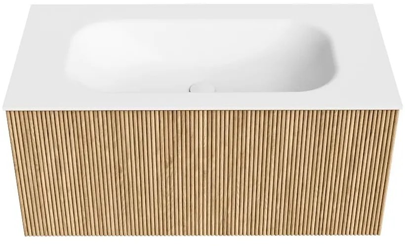 Mondiaz Kurve 90cm badmeubel oak met 1 lade en wastafel big small midden zonder kraangat