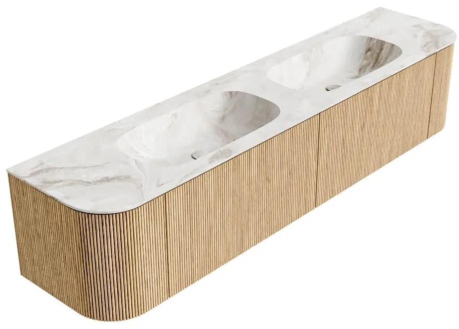 Mondiaz Kurve-dlux 200cm badmeubel ronding links/rechts oak met 2 lades en deuren en wastafel stor small dubbel zonder kraangat frappe