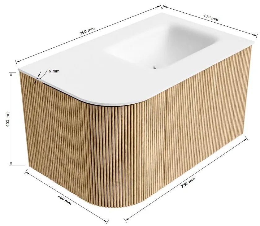 Mondiaz Kurve 75cm badmeubel ronding links oak met 1 lade en deur en wastafel grunne kraangat rechts urban