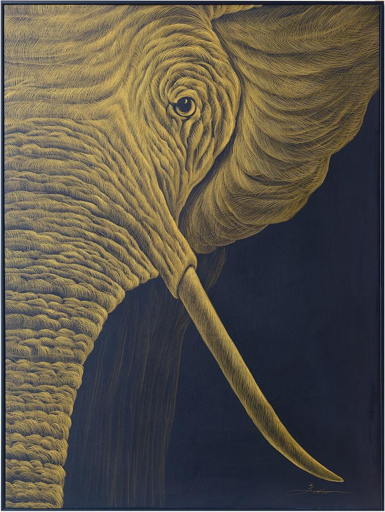 Fine Asianliving Olieverf Schilderij 100% Handgegraveerd 3D met Reliëf Effect en Zwarte Omlijsting 90x120cm Olifant Links