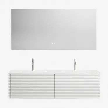 Conjunto Vaniteit Hangend 160x50 Cm In Hout Met Geïntegreerde Waskommen Noura Wit & Rectangular Led And Antifog 160x75 Cm Riben & 2 X Geborsteld Grijs